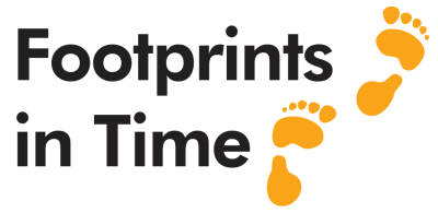 The words Footprints in Time next to two yellow footprints.