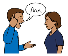 A person speaking to another, with a speech bubble containing a wavy line.