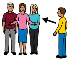 A person with an arrow pointing to a group of three people.