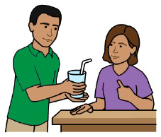 A person handing a glass to another person.