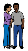 A person supporting another person using a walking stick.