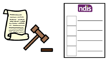 A scroll and gavel, next to a page containing the NDIS logo and a list.