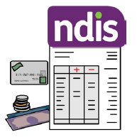 A page containing the NDIS logo and a cost table, next to a credit card and some money.