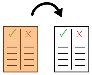 A document with two lists, one with red check mark, one with red cross. An arrow points from it to an altered version.