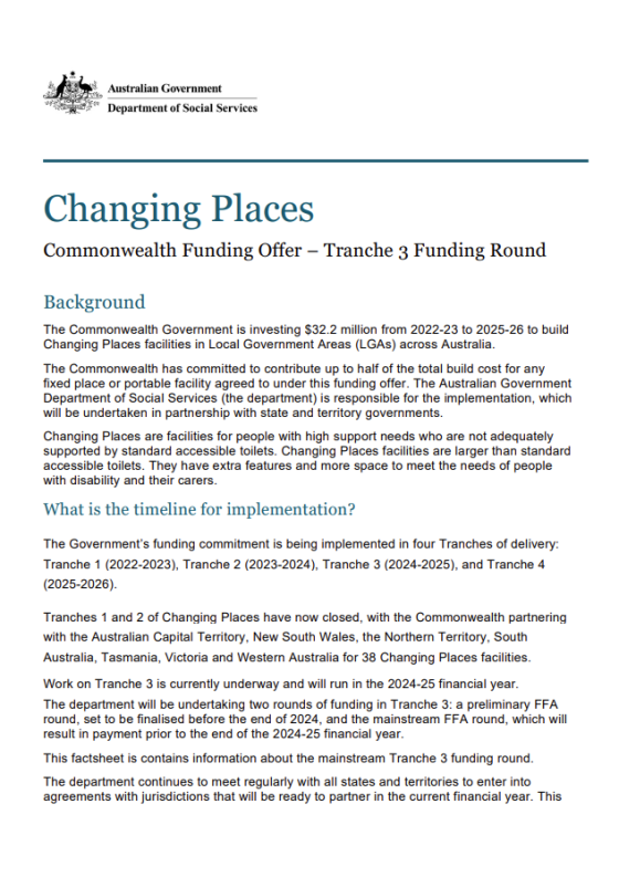 Cover of the Changing Place Commonwealth Funding Offer fact sheet