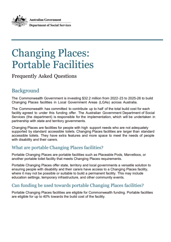 Cover of the Changing Places Portable Facilities Frequently Asked Questions