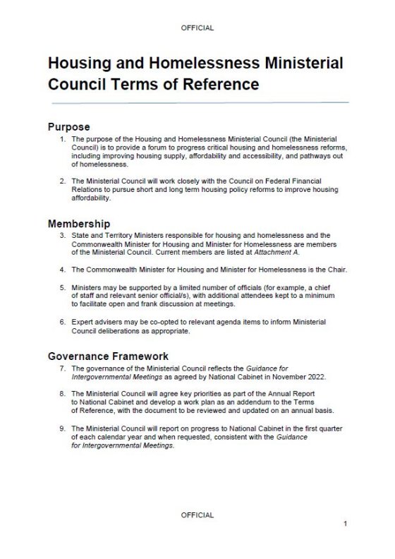 Housing and Homelessness Ministerial Council Terms of Reference cover